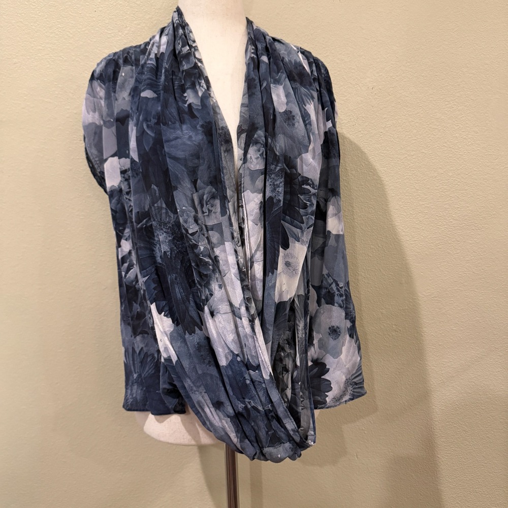 100% Silk Whimsigoth Dark Romantic Floral Draped Sleeveless Blouse Blue Grey Sm